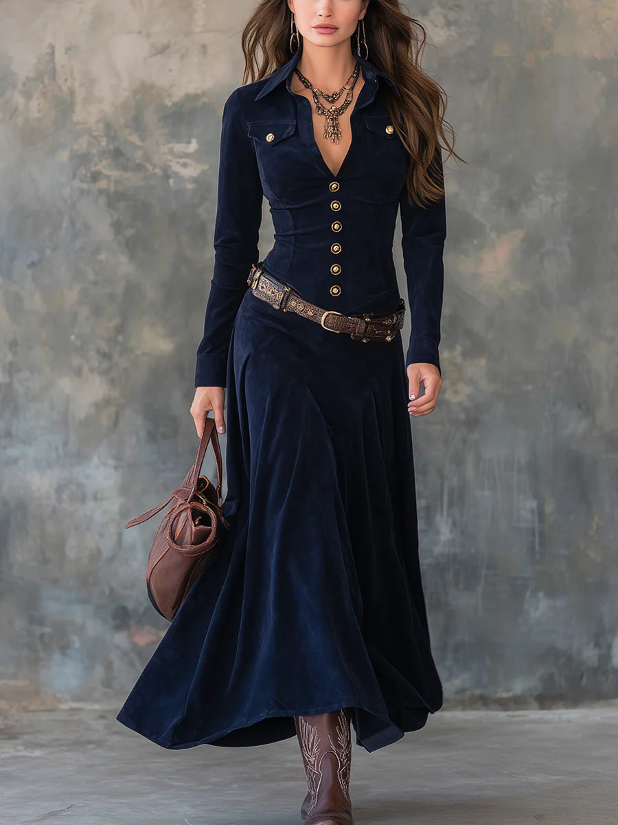 Long-sleeved Literary Temperament V-neck Dress For Women