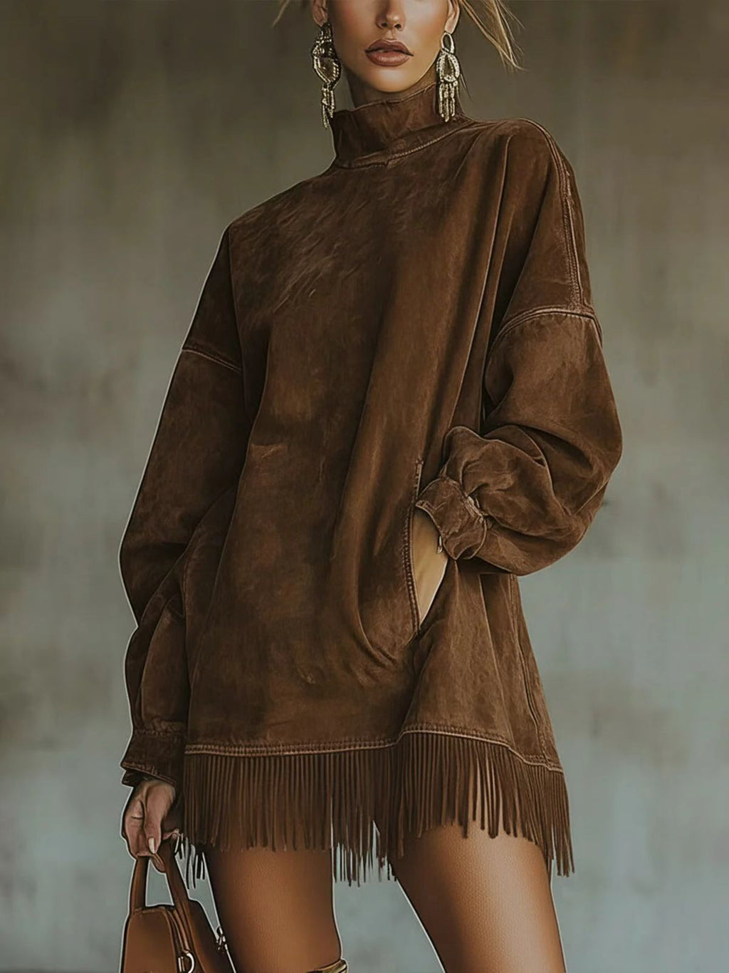 Loose Pockets Tassel Long Sleeve Suede Dress