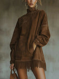 Loose Pockets Tassel Long Sleeve Suede Dress
