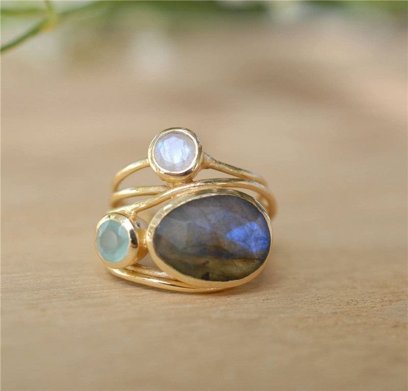 24k Yellow Gold Plated And Inlaid Colorful Moonstone Shell Ring