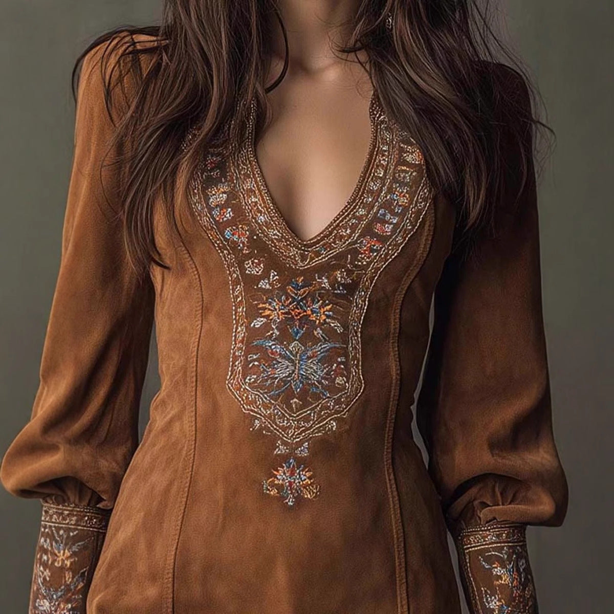 European And American Women's Clothing Long Sleeve V-neck Sexy Dress Embroidery
