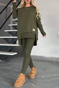 Women's Slit Long Sleeve Top And Trousers Suit