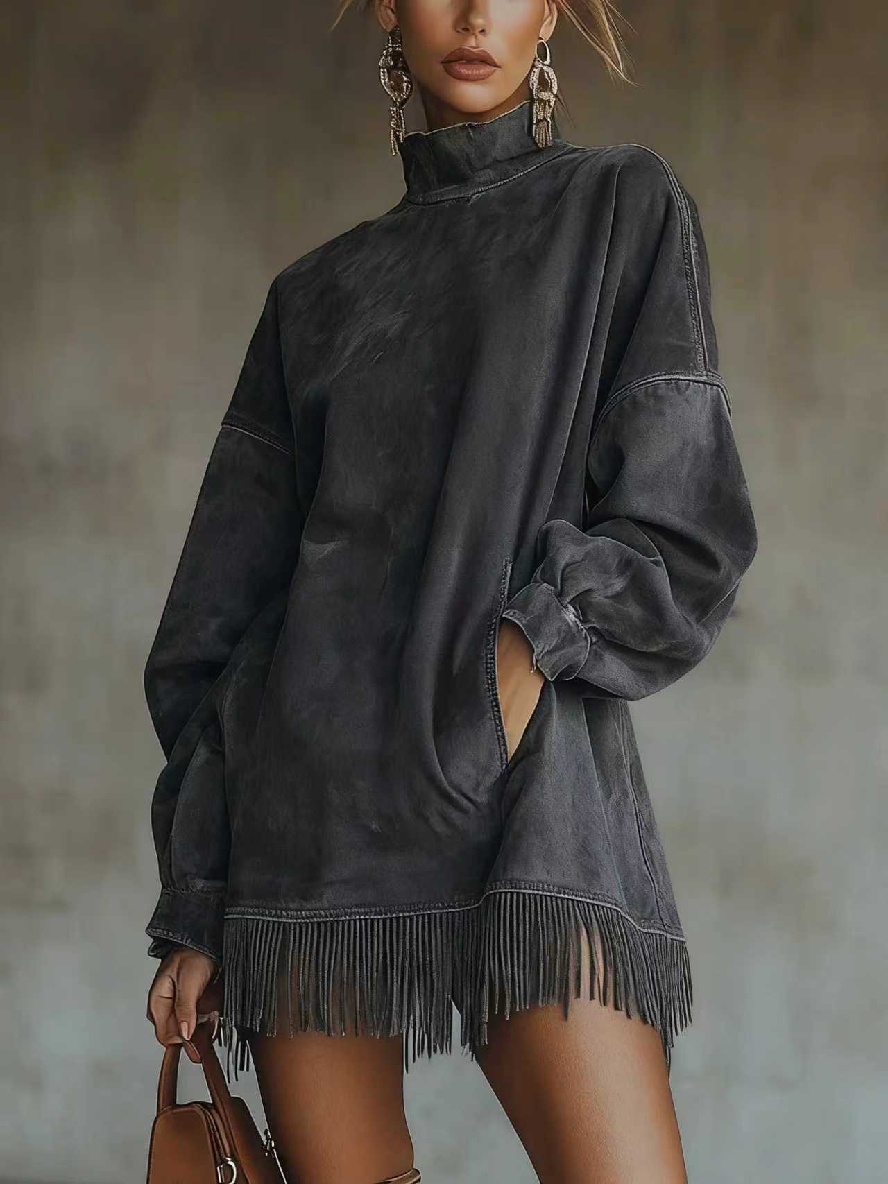 Loose Pockets Tassel Long Sleeve Suede Dress