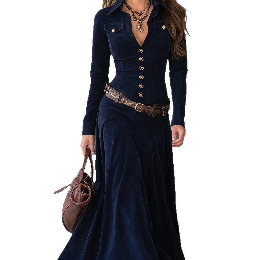 Long-sleeved Literary Temperament V-neck Dress For Women