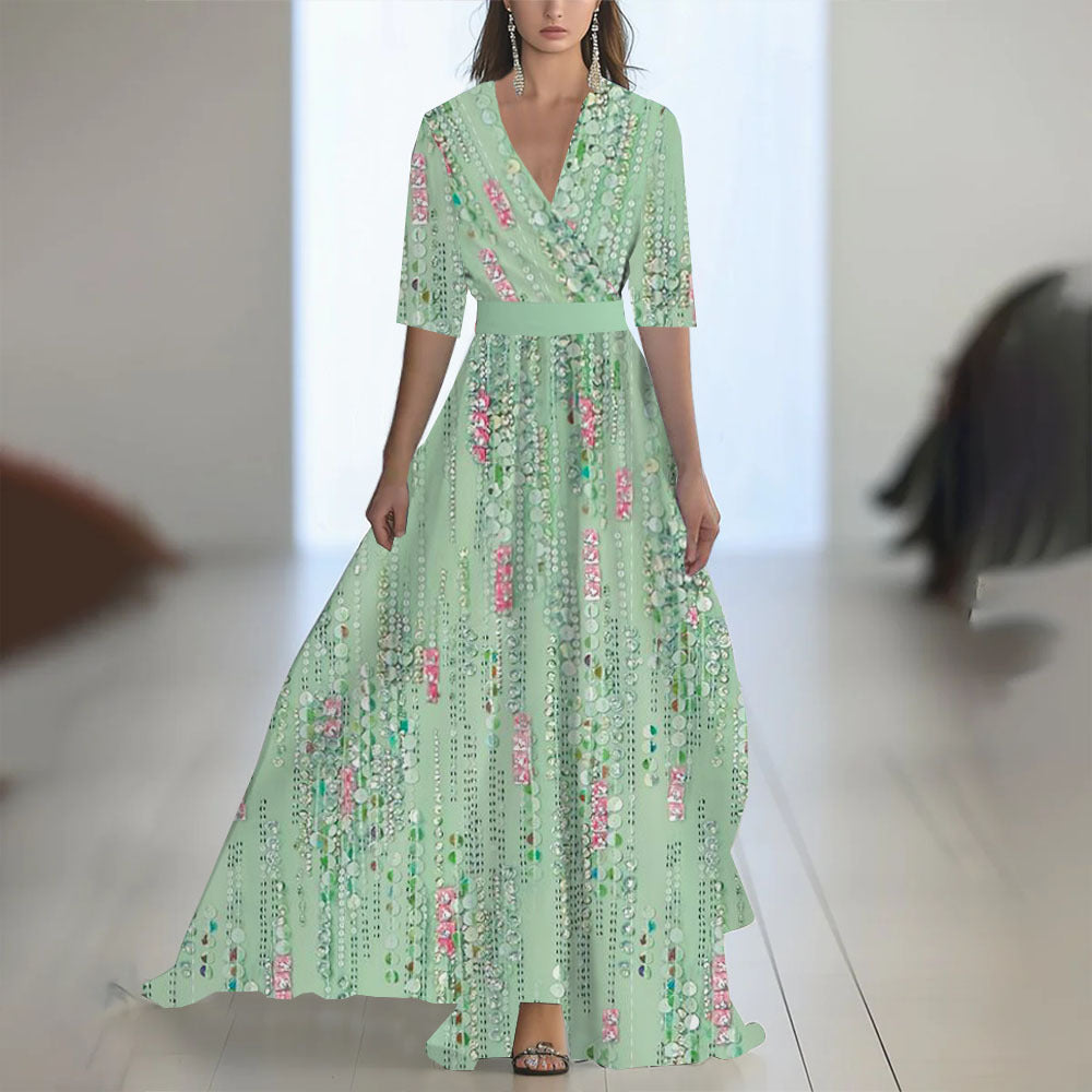 Printed Long Sleeved V-neck Patchwork Dress