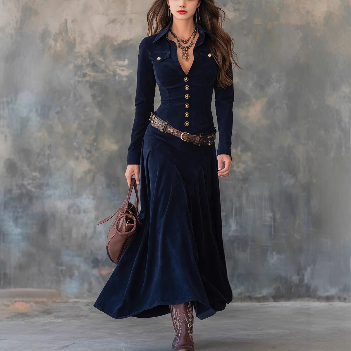 Long-sleeved Literary Temperament V-neck Dress For Women