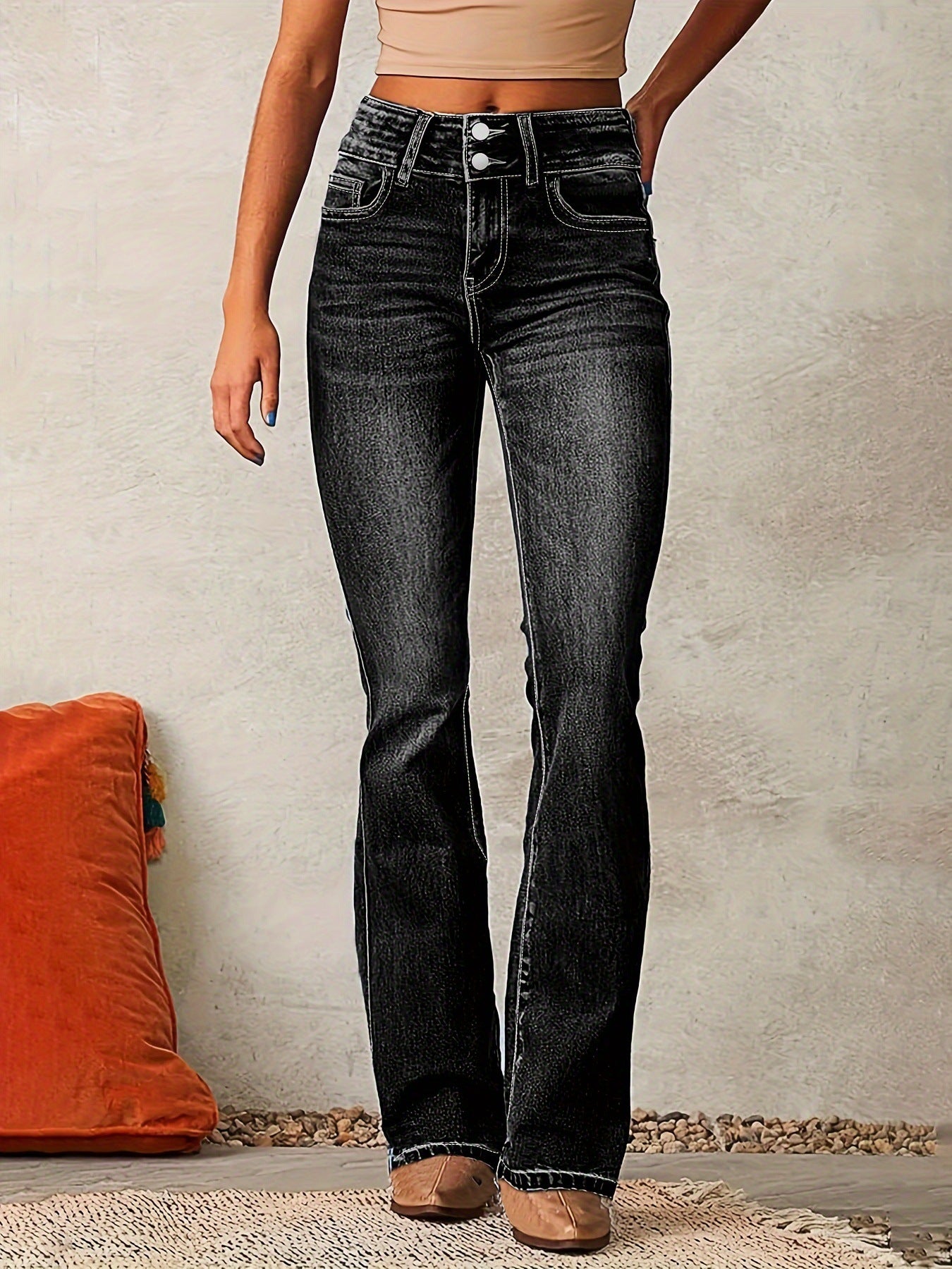 Skinny Flared Jeans With Pockets Fashion Button Zipper Trousers Women's Slim Denim Pants