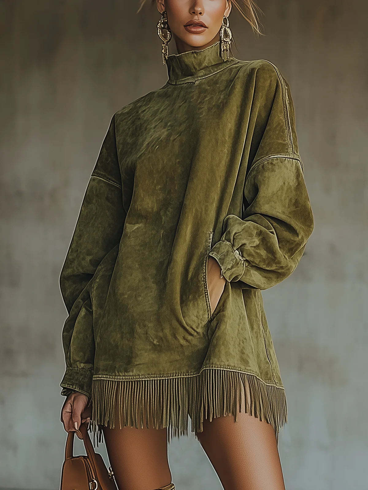 Loose Pockets Tassel Long Sleeve Suede Dress