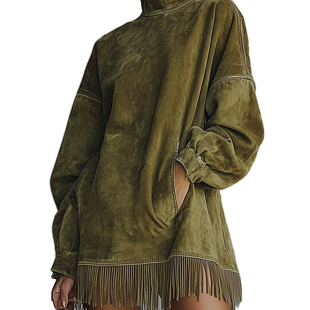 Loose Pockets Tassel Long Sleeve Suede Dress