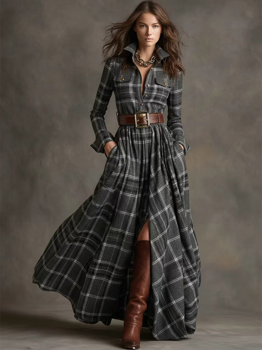 Ins Plaid Print Long-Sleeved Dress Fashion Pockets Collared Buttons Shirt Long Dresses Retro Women's Clothing