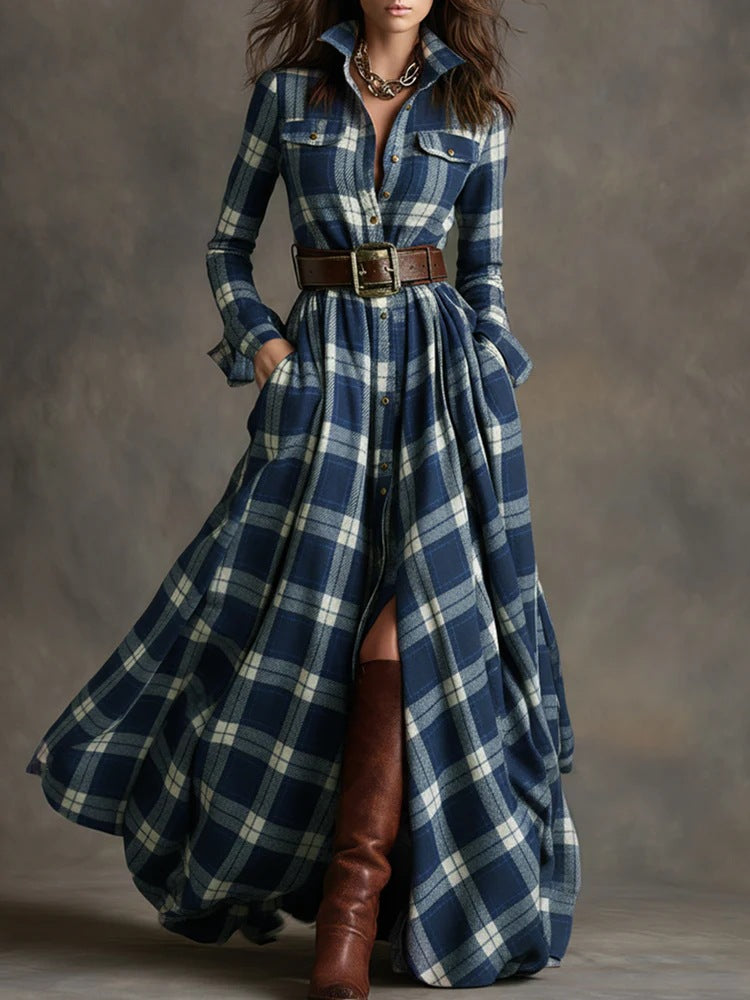 Ins Plaid Print Long-Sleeved Dress Fashion Pockets Collared Buttons Shirt Long Dresses Retro Women's Clothing