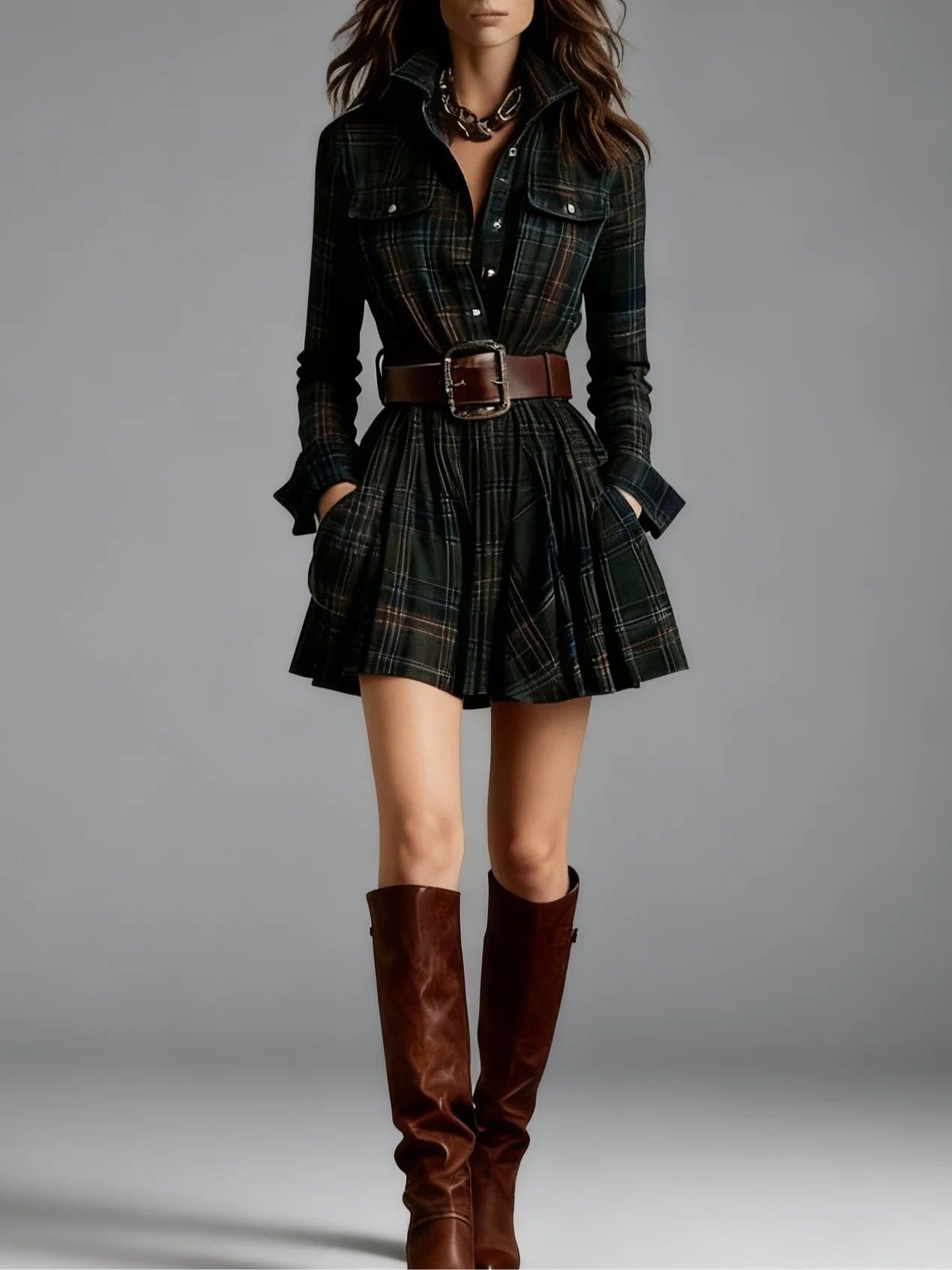European And American Elegant Plaid Long Sleeve Short Dress Belt
