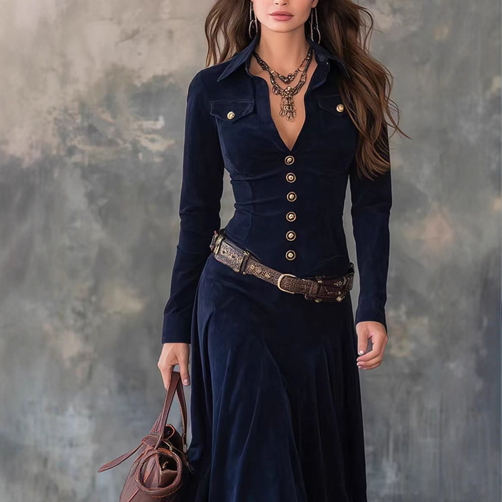 Long-sleeved Literary Temperament V-neck Dress For Women