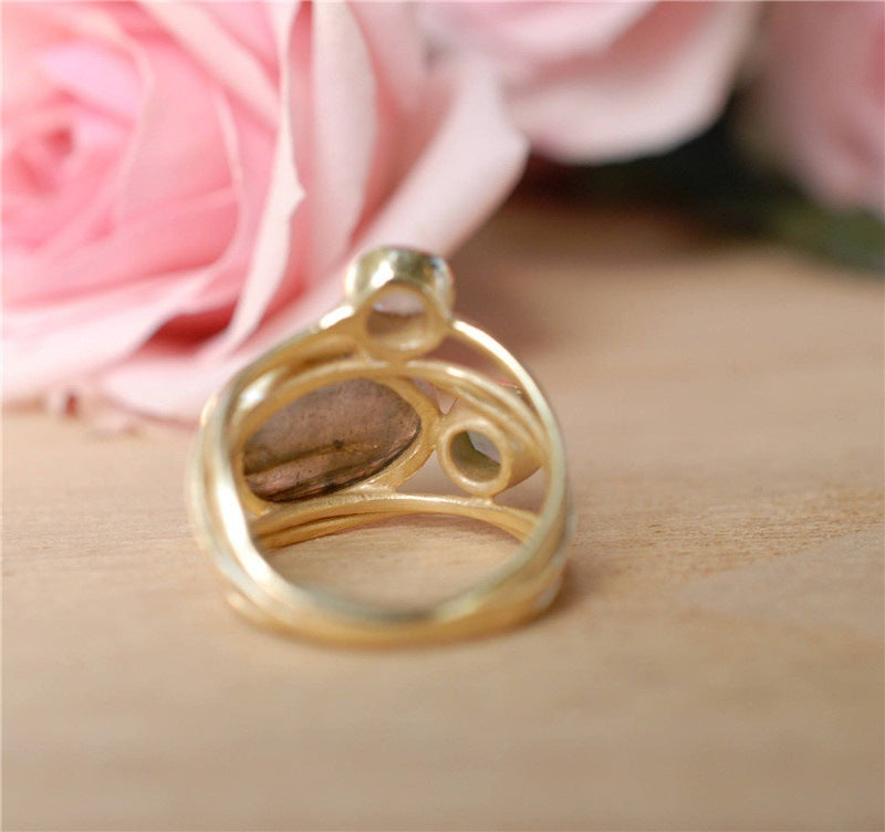 24k Yellow Gold Plated And Inlaid Colorful Moonstone Shell Ring