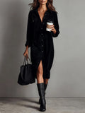 Turn-Down Collar Buttons Chic Casual Dress, Women Spring Autumn Solid Simple Party Dress, Long Sleeve Holiday Ladies Dress