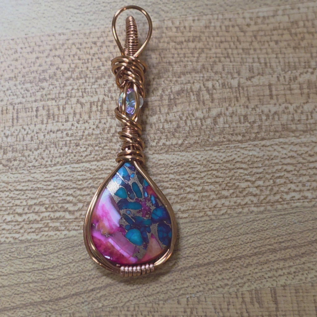 Wire Wrapped Pink Dahlia Turquoise Pendant – Copper Wire Wrapped Teardrop Stone Necklace – Boho Hippie Gemstone Jewelry – Gift for Her