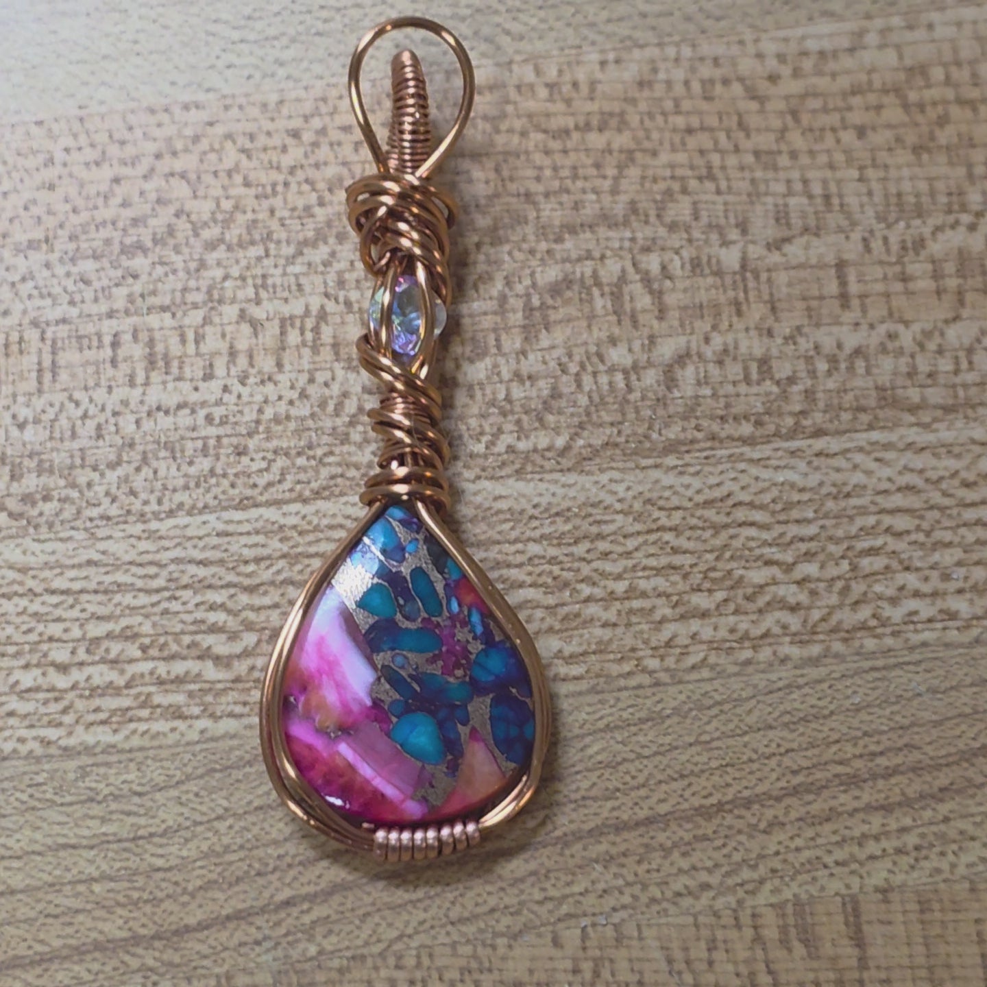 Wire Wrapped Pink Dahlia Turquoise Pendant – Copper Wire Wrapped Teardrop Stone Necklace – Boho Hippie Gemstone Jewelry – Gift for Her