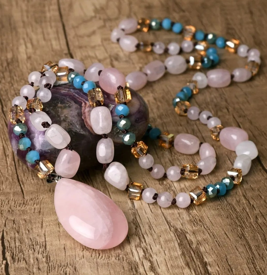 Rose Quartz Teardrop Necklace - Bohemian Long Beaded Jewelry