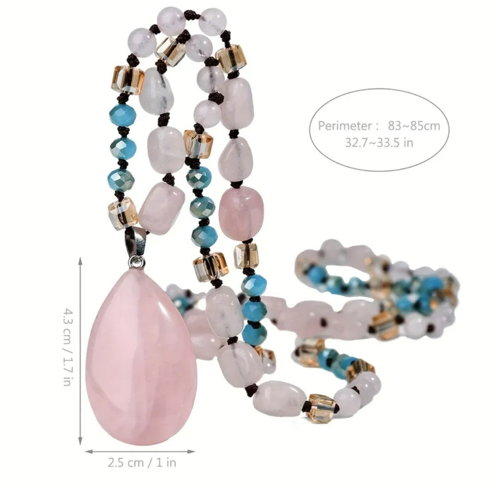 Rose Quartz Teardrop Necklace - Bohemian Long Beaded Jewelry