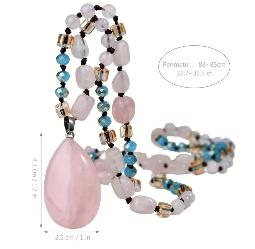 Rose Quartz Teardrop Necklace - Bohemian Long Beaded Jewelry