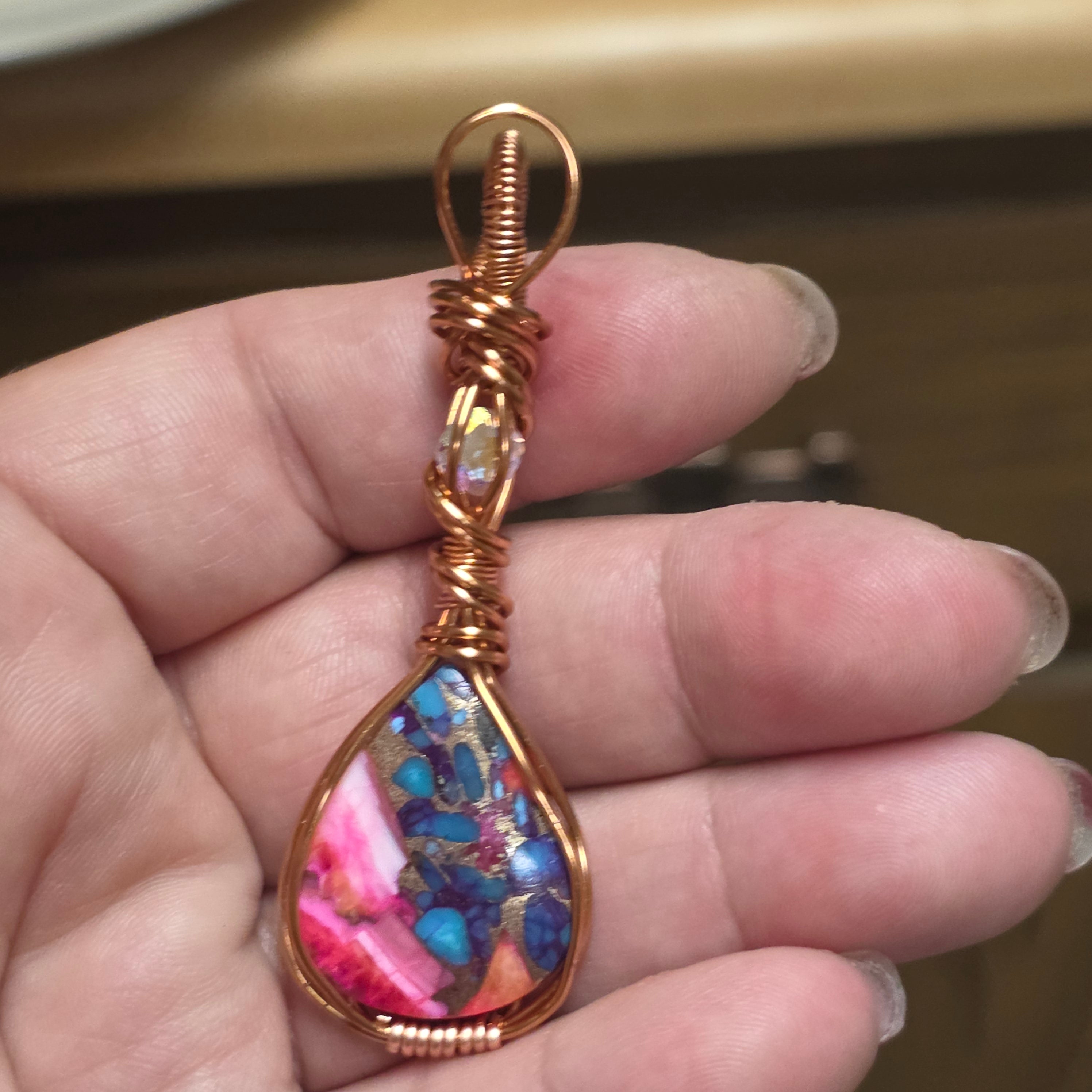 Wire Wrapped Pink Dahlia Turquoise Pendant – Copper Wire Wrapped Teardrop Stone Necklace – Boho Hippie Gemstone Jewelry – Gift for Her