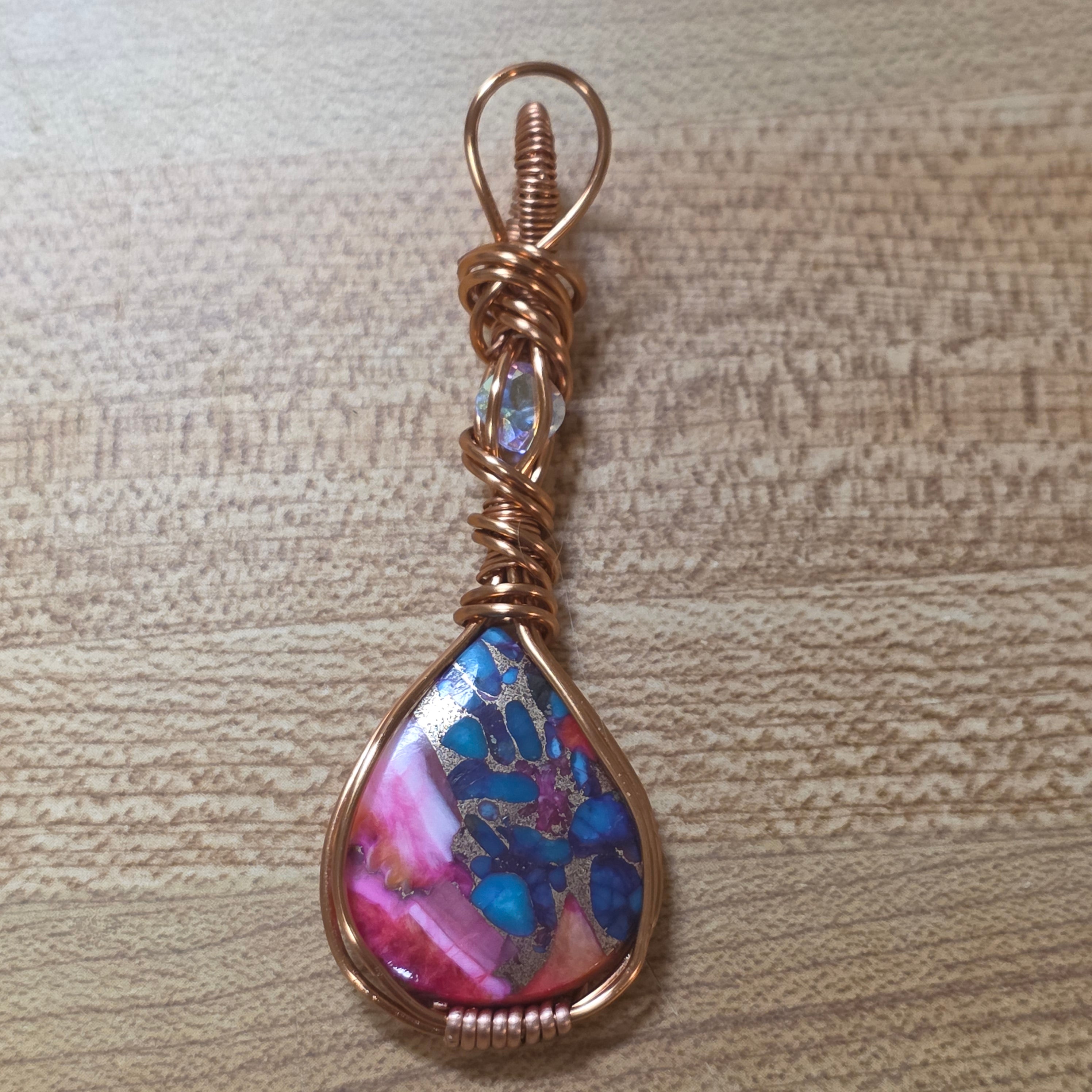 Wire Wrapped Pink Dahlia Turquoise Pendant – Copper Wire Wrapped Teardrop Stone Necklace – Boho Hippie Gemstone Jewelry – Gift for Her