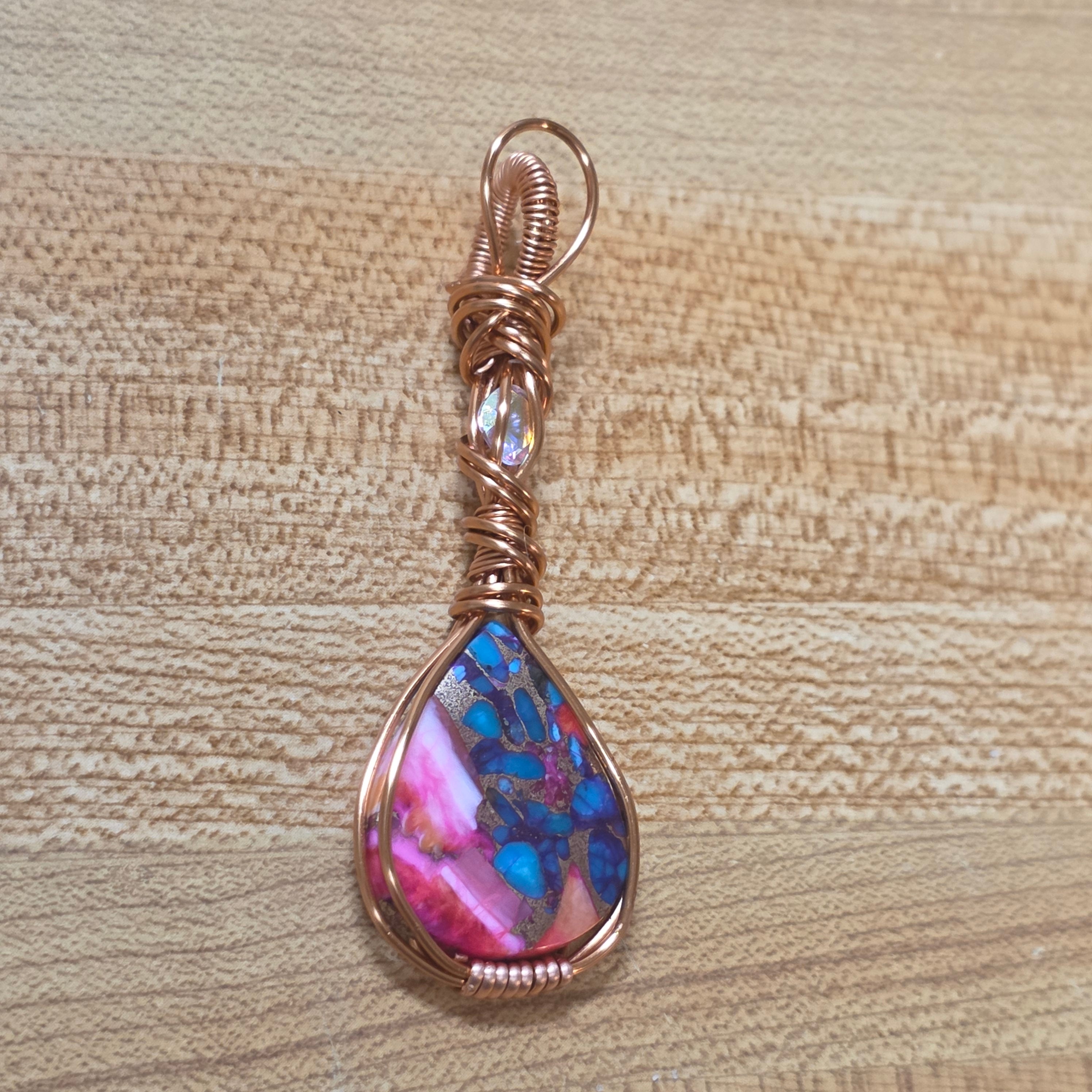 Wire Wrapped Pink Dahlia Turquoise Pendant – Copper Wire Wrapped Teardrop Stone Necklace – Boho Hippie Gemstone Jewelry – Gift for Her