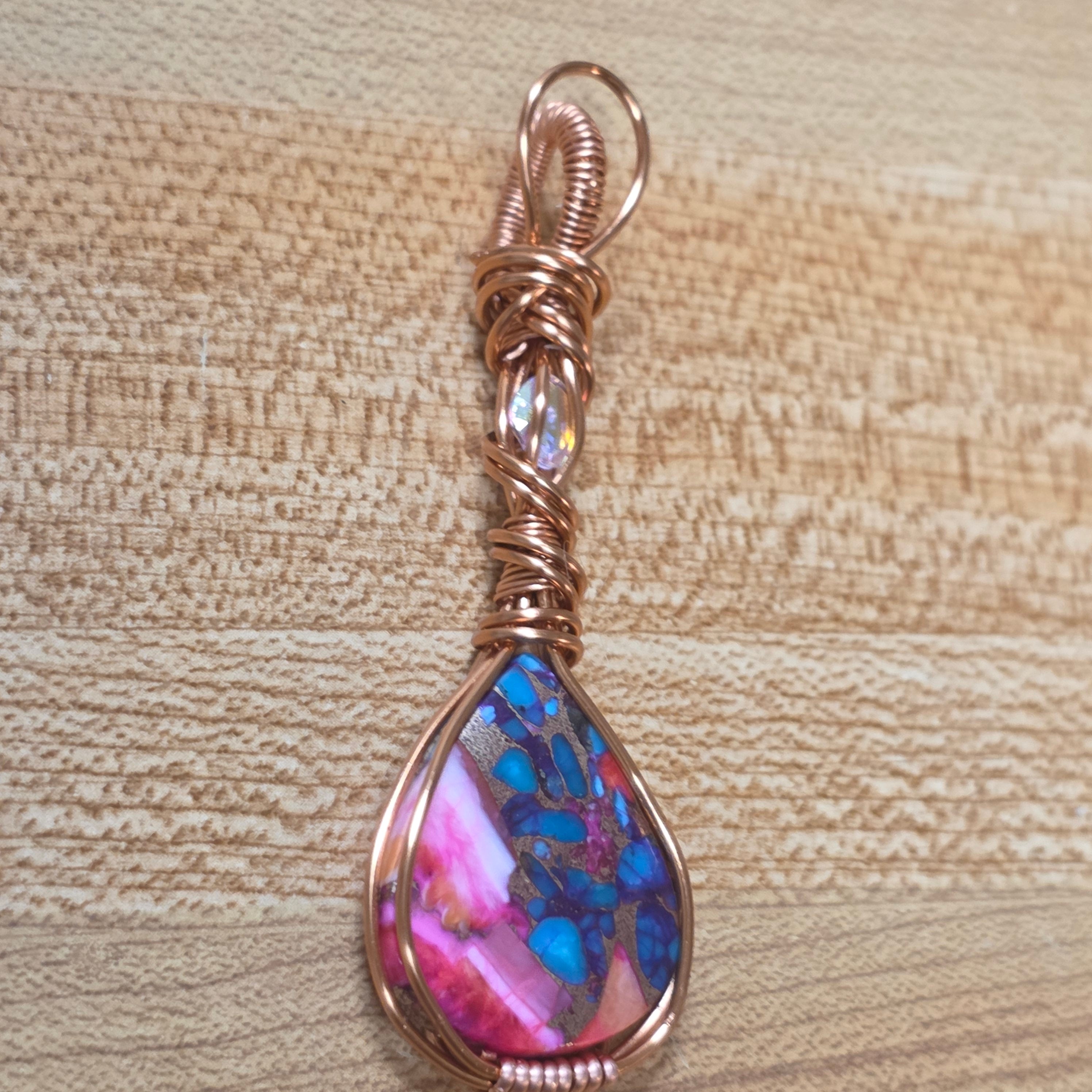 Wire Wrapped Pink Dahlia Turquoise Pendant – Copper Wire Wrapped Teardrop Stone Necklace – Boho Hippie Gemstone Jewelry – Gift for Her