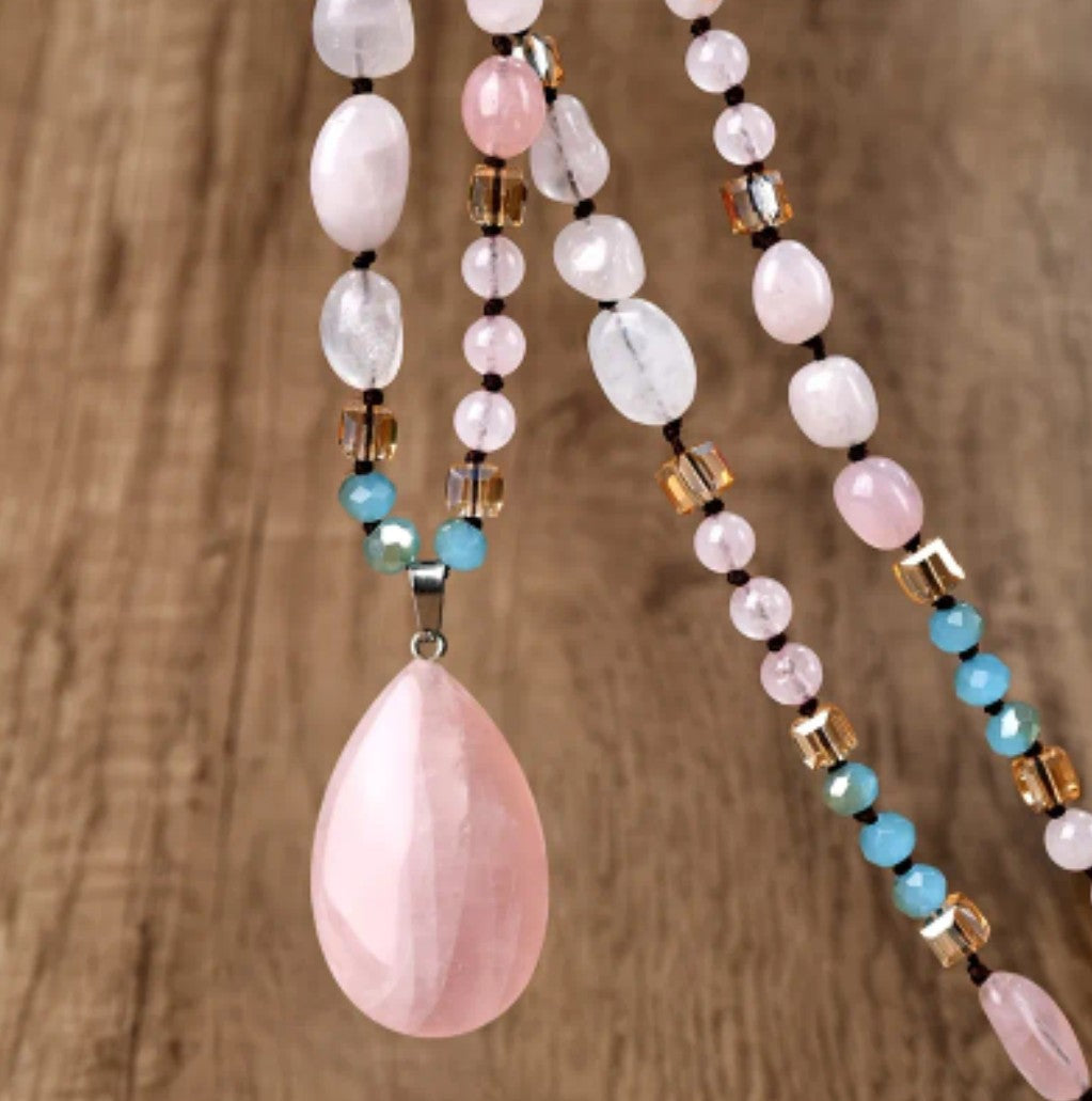 Rose Quartz Teardrop Necklace - Bohemian Long Beaded Jewelry
