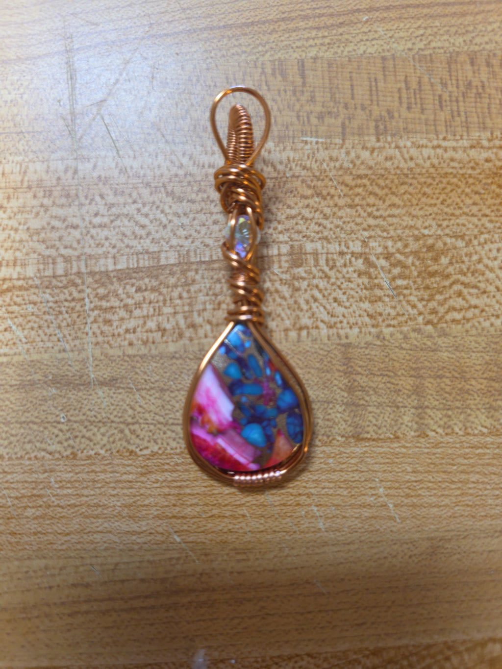 Wire Wrapped Pink Dahlia Turquoise Pendant – Copper Wire Wrapped Teardrop Stone Necklace – Boho Hippie Gemstone Jewelry – Gift for Her
