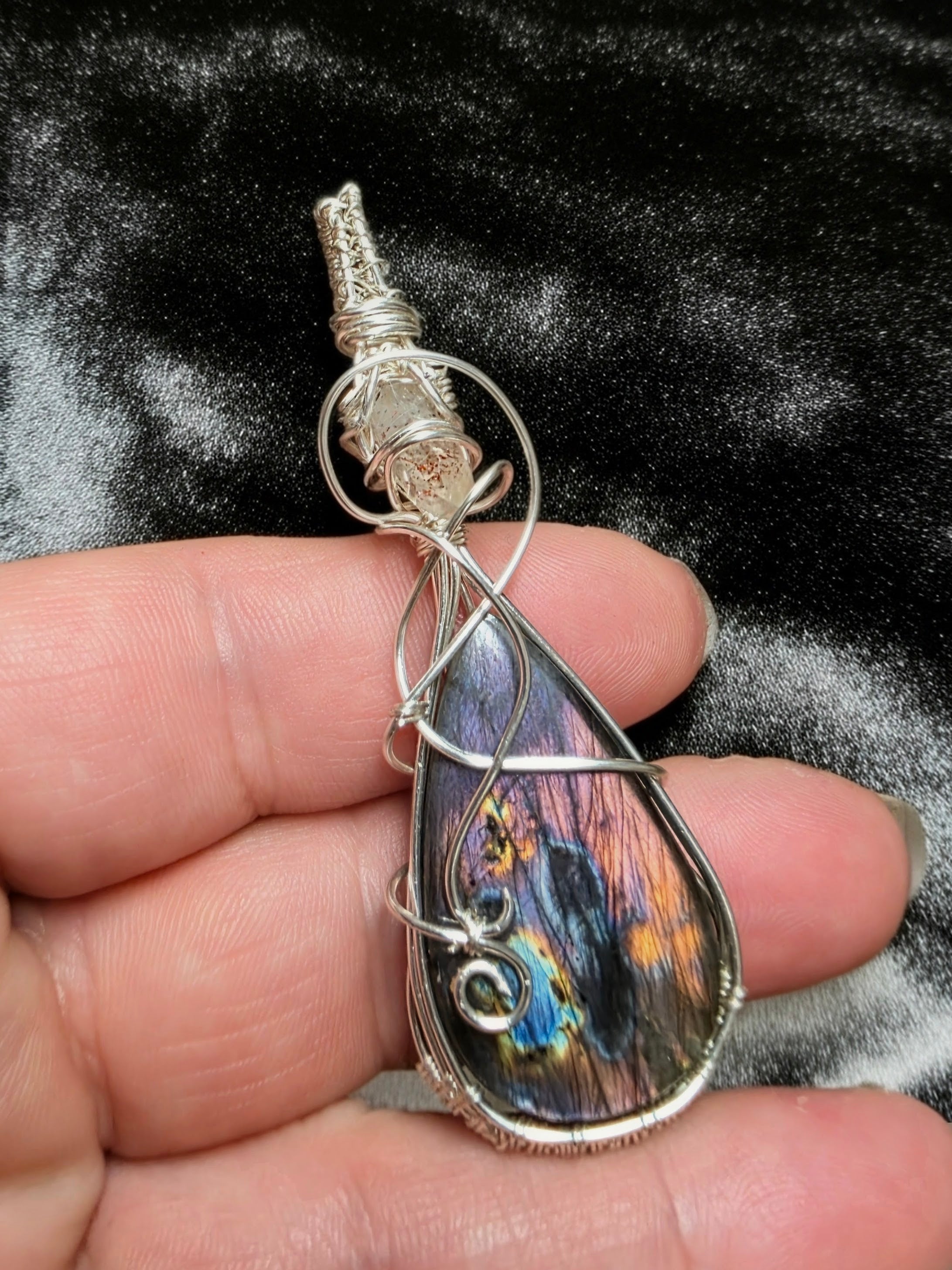 Rare Gemstone Fusion: Rainbow Labradorite Meets Pink Rutile Quartz