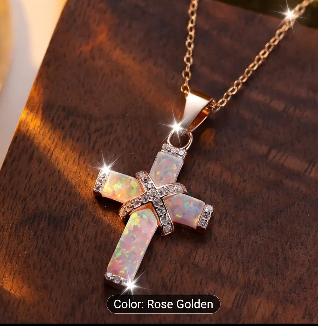 Australian Synthetic Opal Cross Necklace