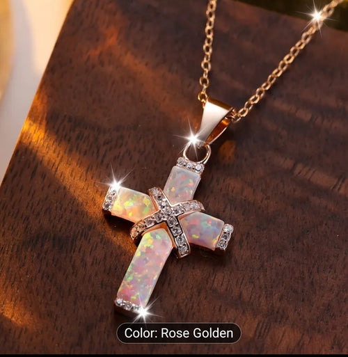 Australian Synthetic Opal Cross Necklace