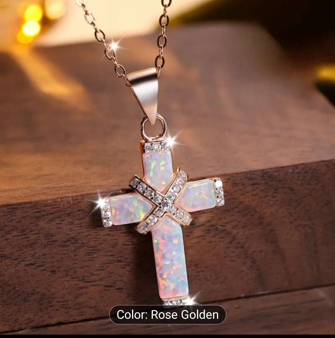 Australian Synthetic Opal Cross Necklace
