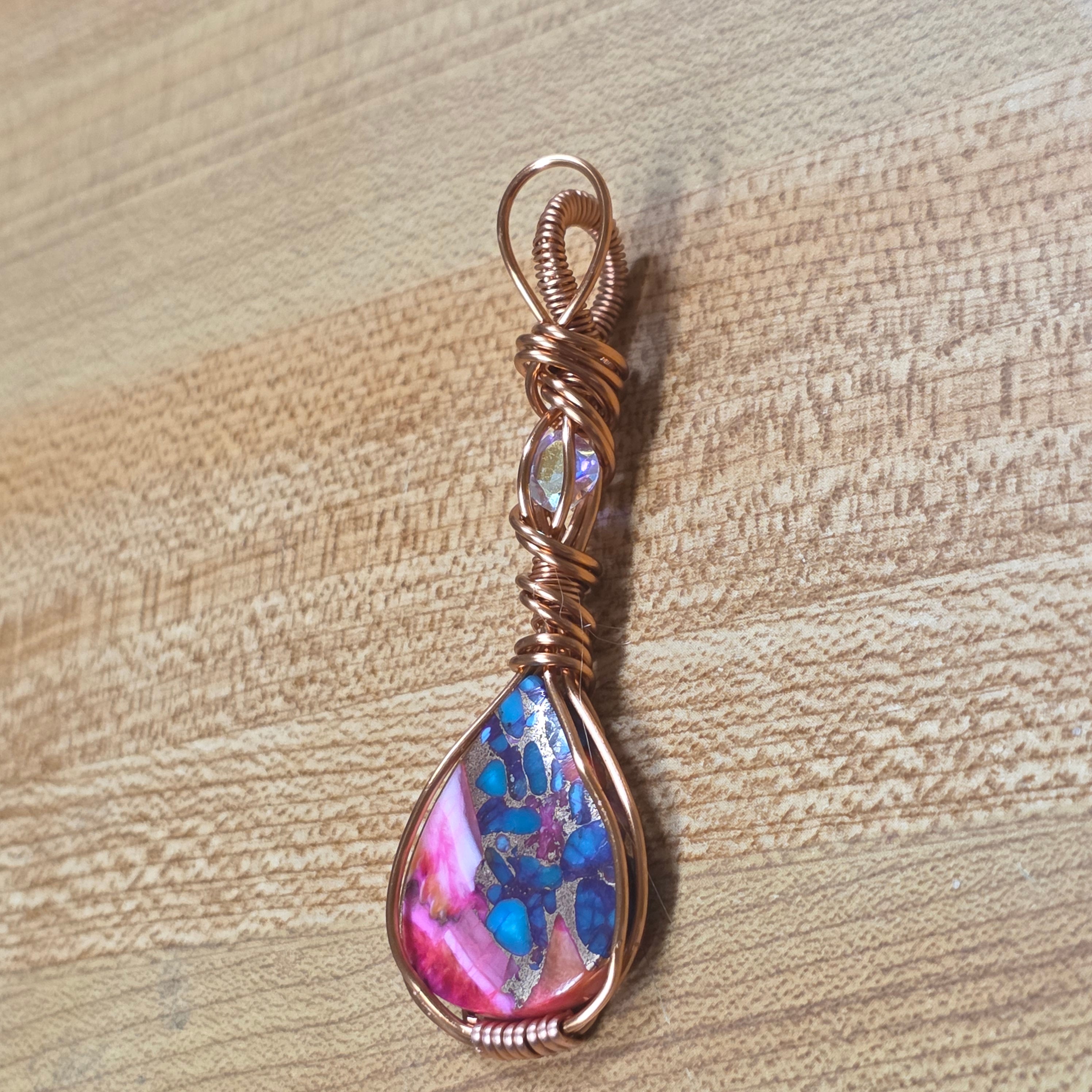 Wire Wrapped Pink Dahlia Turquoise Pendant – Copper Wire Wrapped Teardrop Stone Necklace – Boho Hippie Gemstone Jewelry – Gift for Her