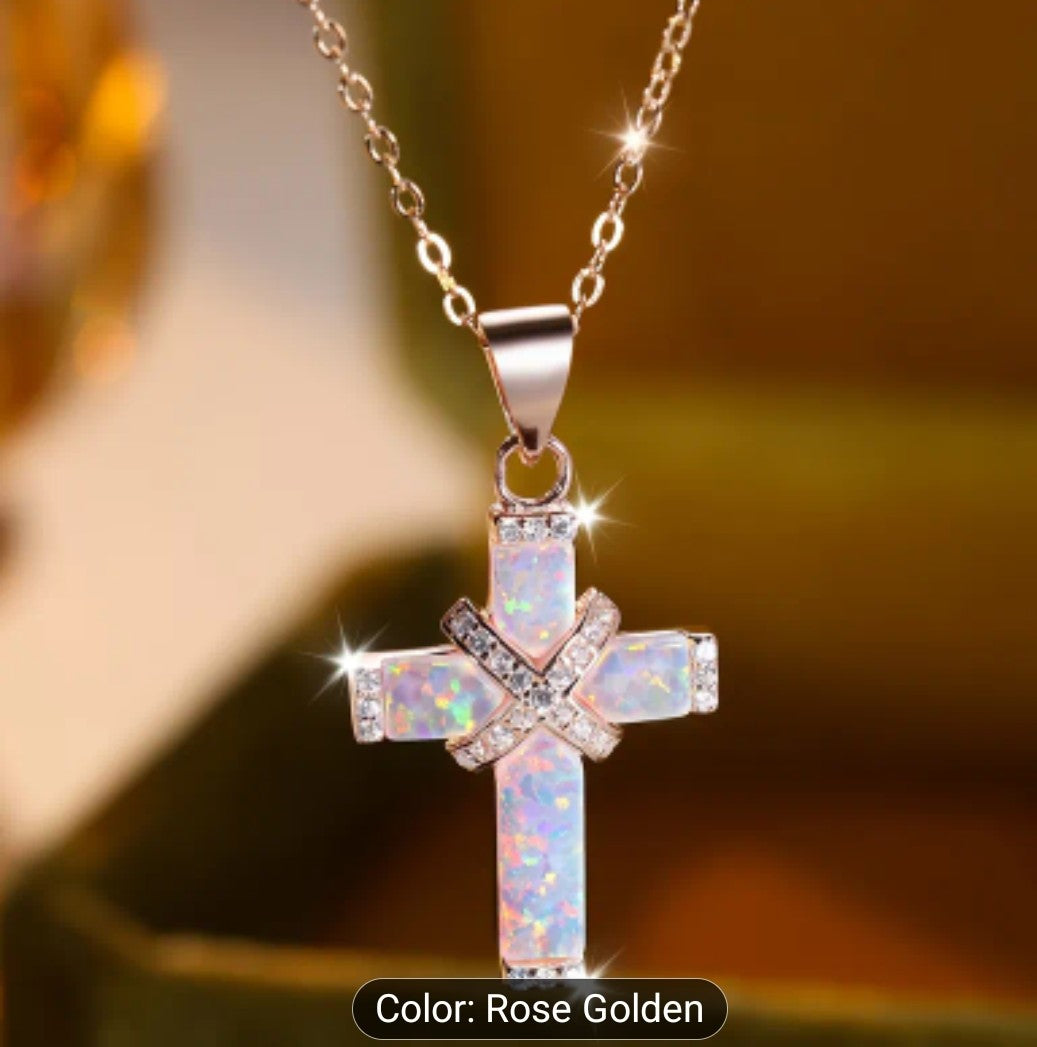 Australian Synthetic Opal Cross Necklace